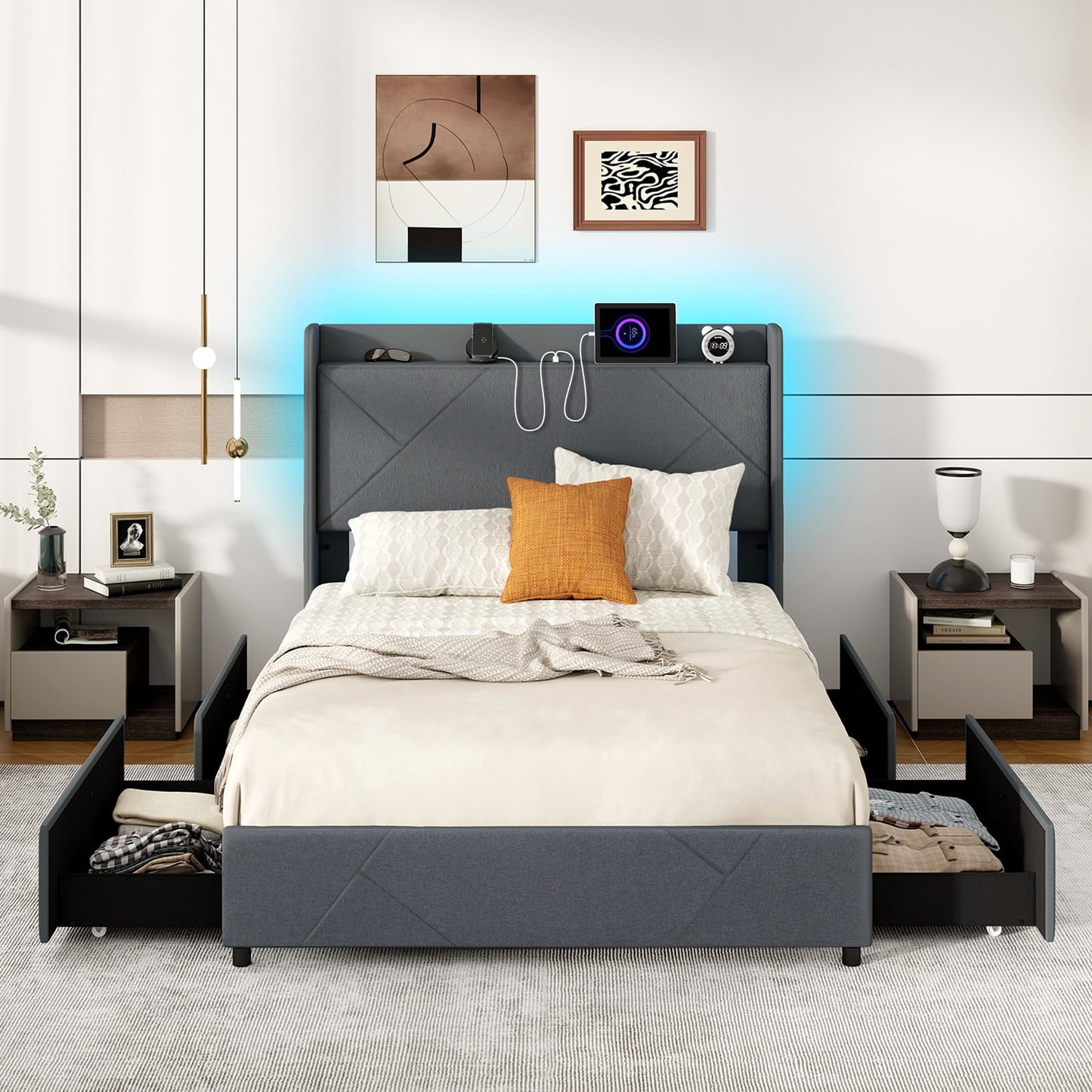 Double/King Size Bed Frame with LED Lights and Charging Station-Double Size