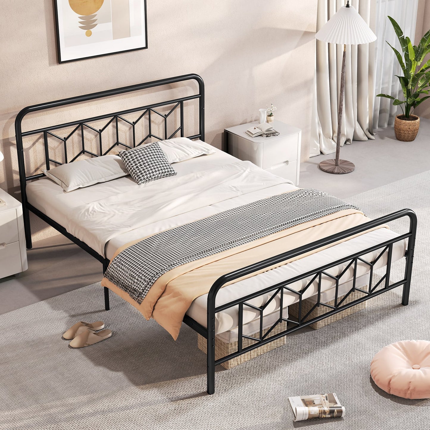 Single/Double/King Size Metal Bed Frame with High Headboard and Mute Bar-Black-King Size