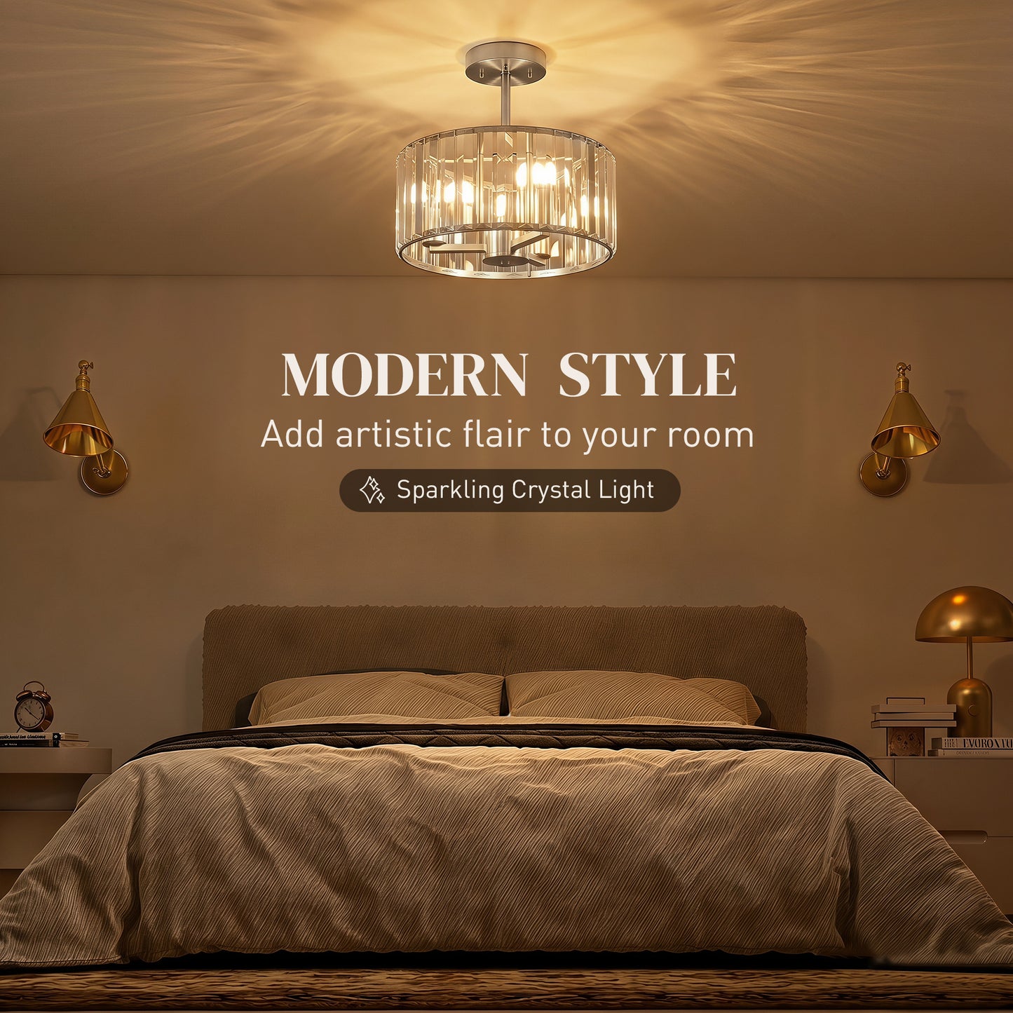 HOMCOM Semi Flush Mount Modern Crystal Chandelier Ceiling Light, Crystal Ceiling Light Fixture with E14 Base, Silver Tone