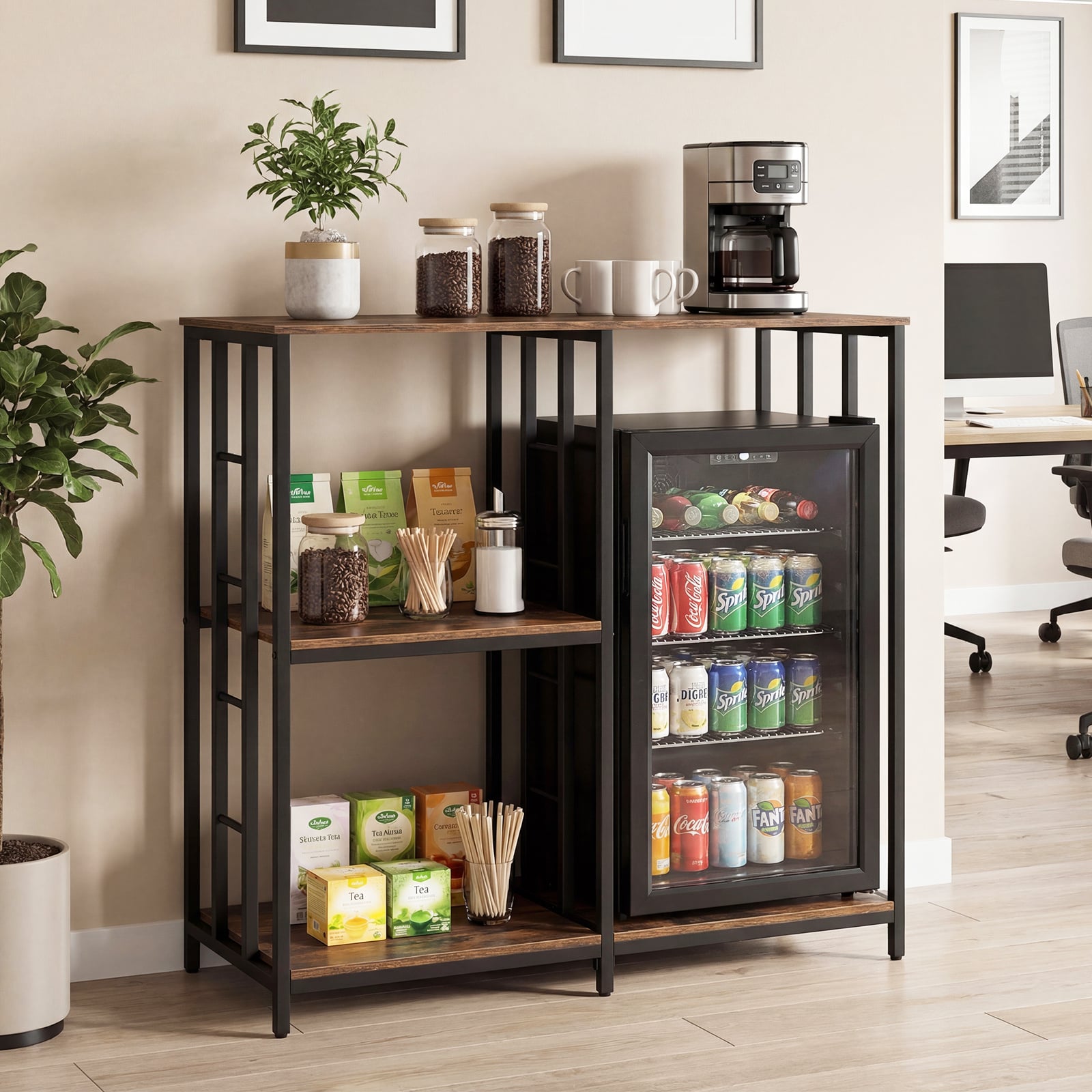 Kitchen Baker's Rack Mini Fridge Stand Table with 4 Shelves-Rustic Brown