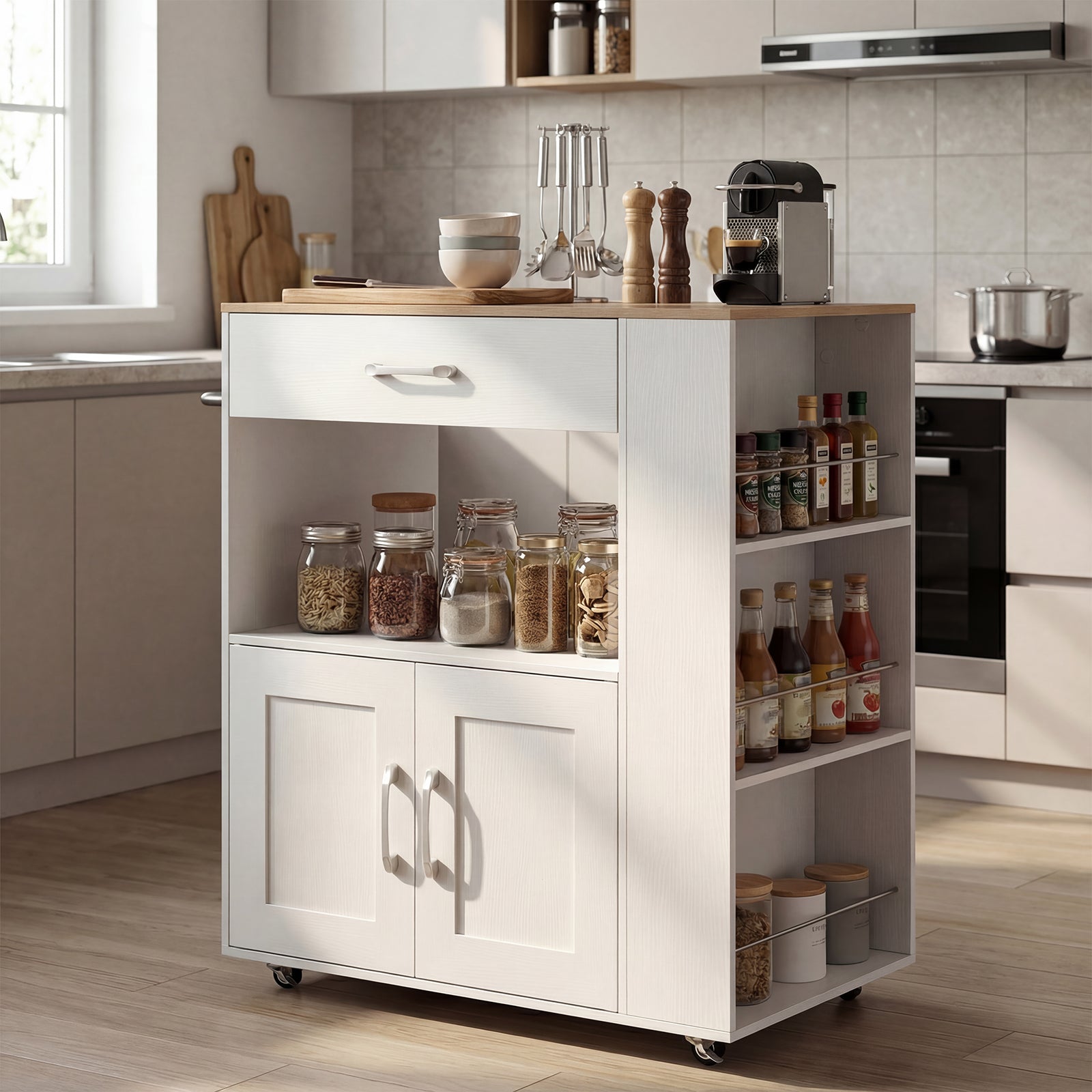 Kitchen Island Cart with Storage Rolling Kitchen Island on Wheels-Natural & White