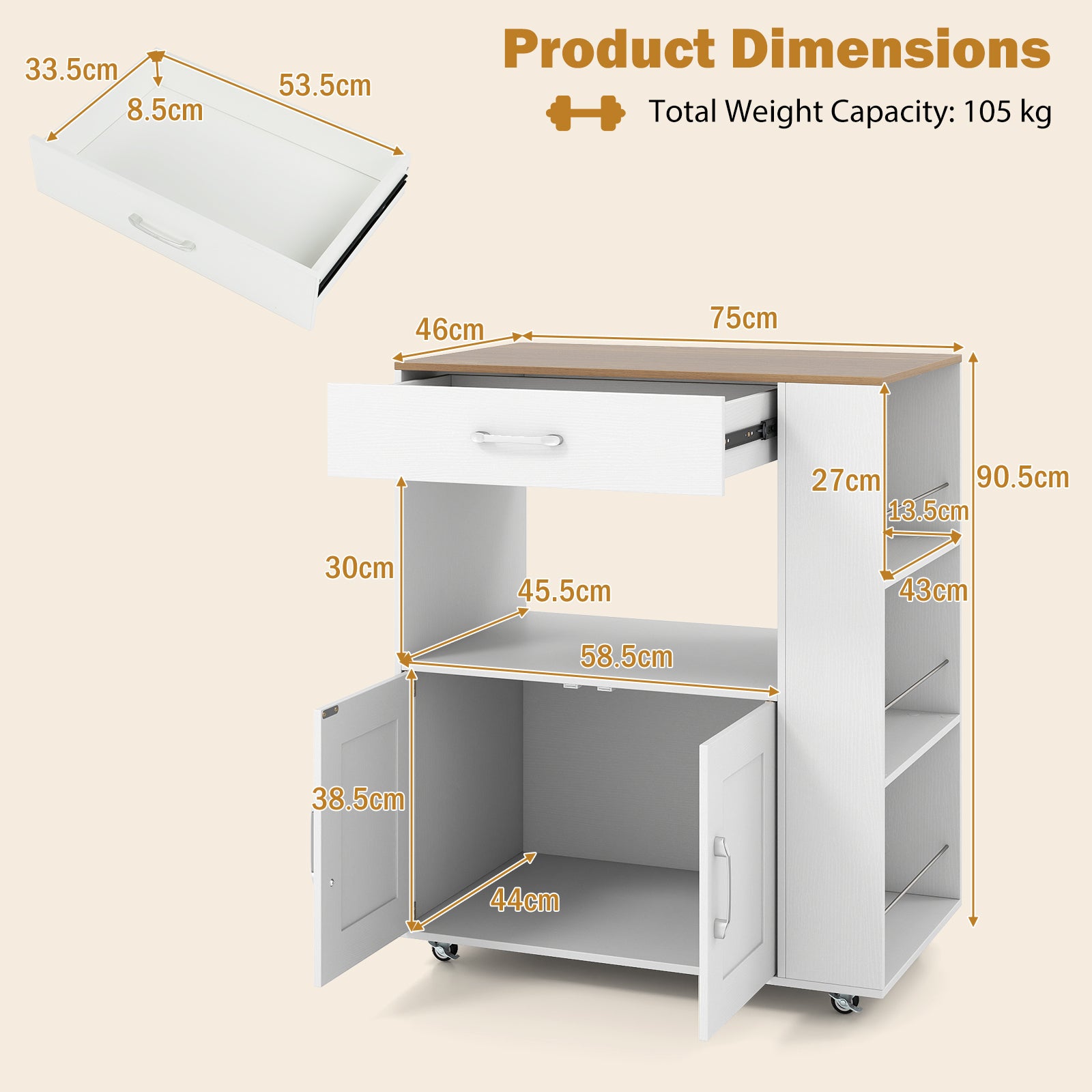 Kitchen Island Cart with Storage Rolling Kitchen Island on Wheels-Natural & White