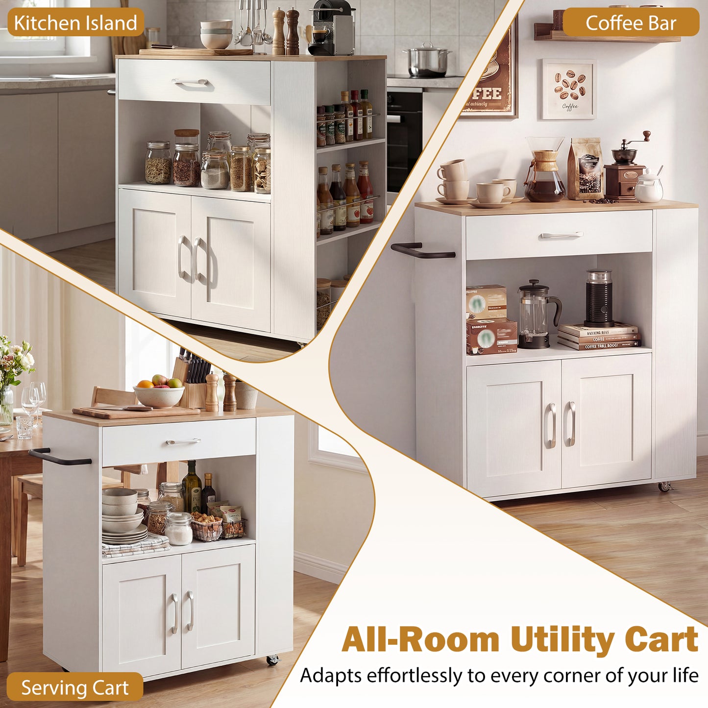 Kitchen Island Cart with Storage Rolling Kitchen Island on Wheels-Natural & White