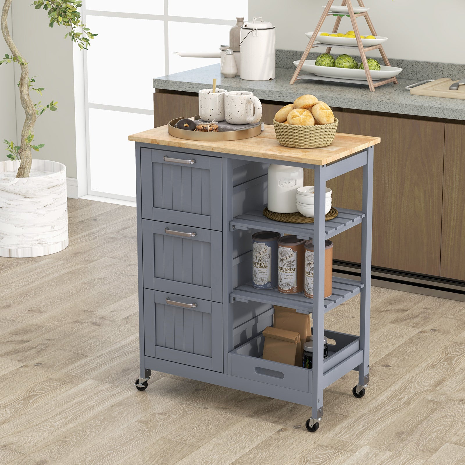 Kitchen Island Rolling Cart Utility Cart on Lockable Wheels with 3 Drawers-Gray