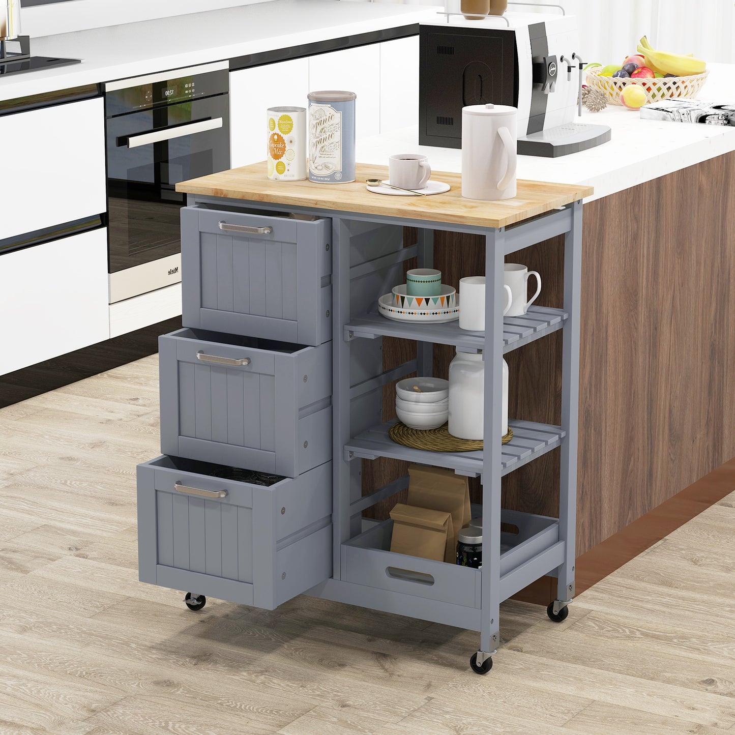 Kitchen Island Rolling Cart Utility Cart on Lockable Wheels with 3 Drawers-Gray
