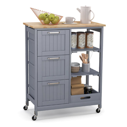 Kitchen Island Rolling Cart Utility Cart on Lockable Wheels with 3 Drawers-Gray