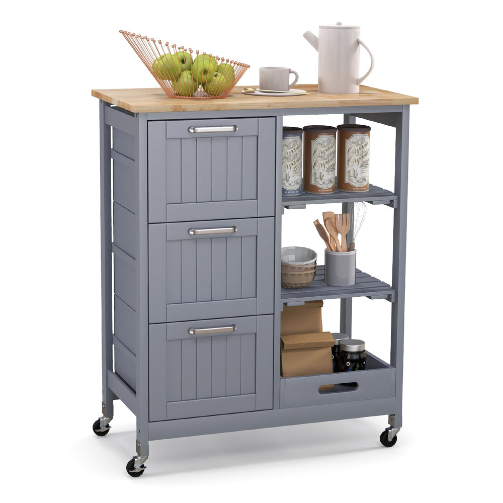 Kitchen Island Rolling Cart Utility Cart on Lockable Wheels with 3 Drawers-Gray