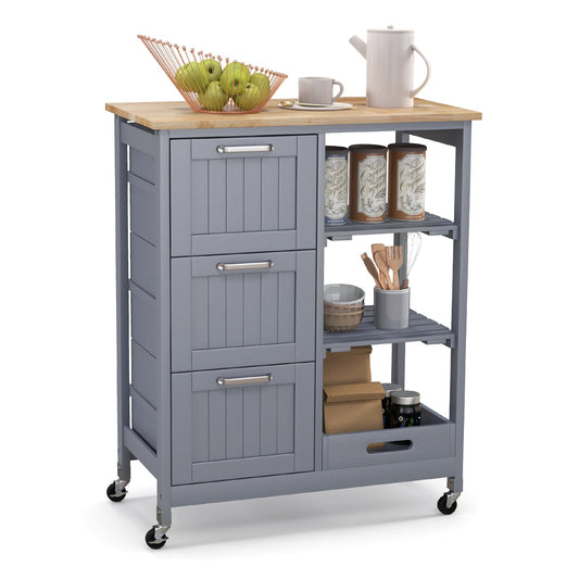 Kitchen Island Rolling Cart Utility Cart on Lockable Wheels with 3 Drawers-Gray