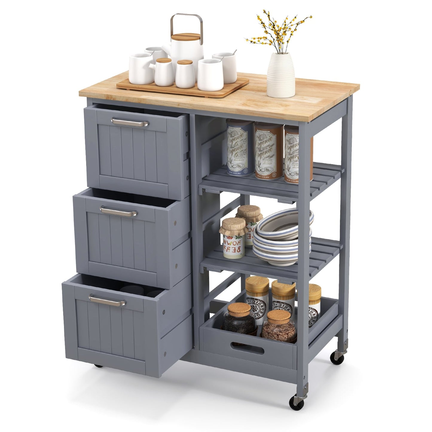 Kitchen Island Rolling Cart Utility Cart on Lockable Wheels with 3 Drawers-Gray