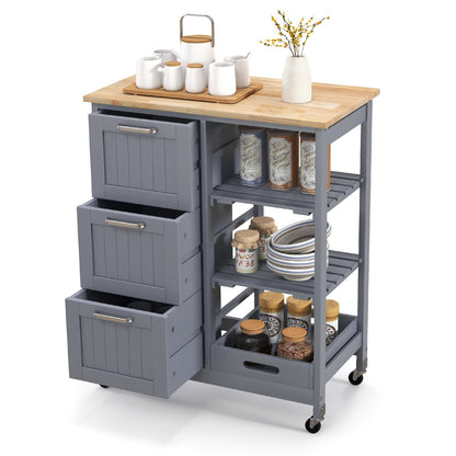 Kitchen Island Rolling Cart Utility Cart on Lockable Wheels with 3 Drawers-Gray