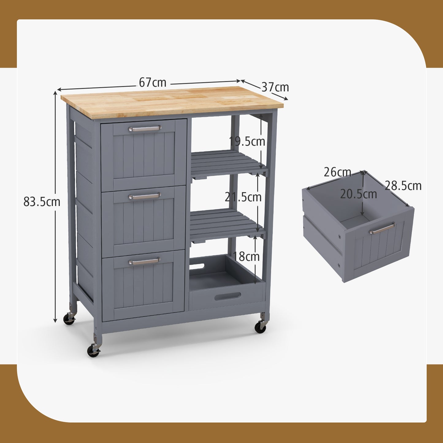 Kitchen Island Rolling Cart Utility Cart on Lockable Wheels with 3 Drawers-Gray