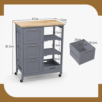 Kitchen Island Rolling Cart Utility Cart on Lockable Wheels with 3 Drawers-Gray