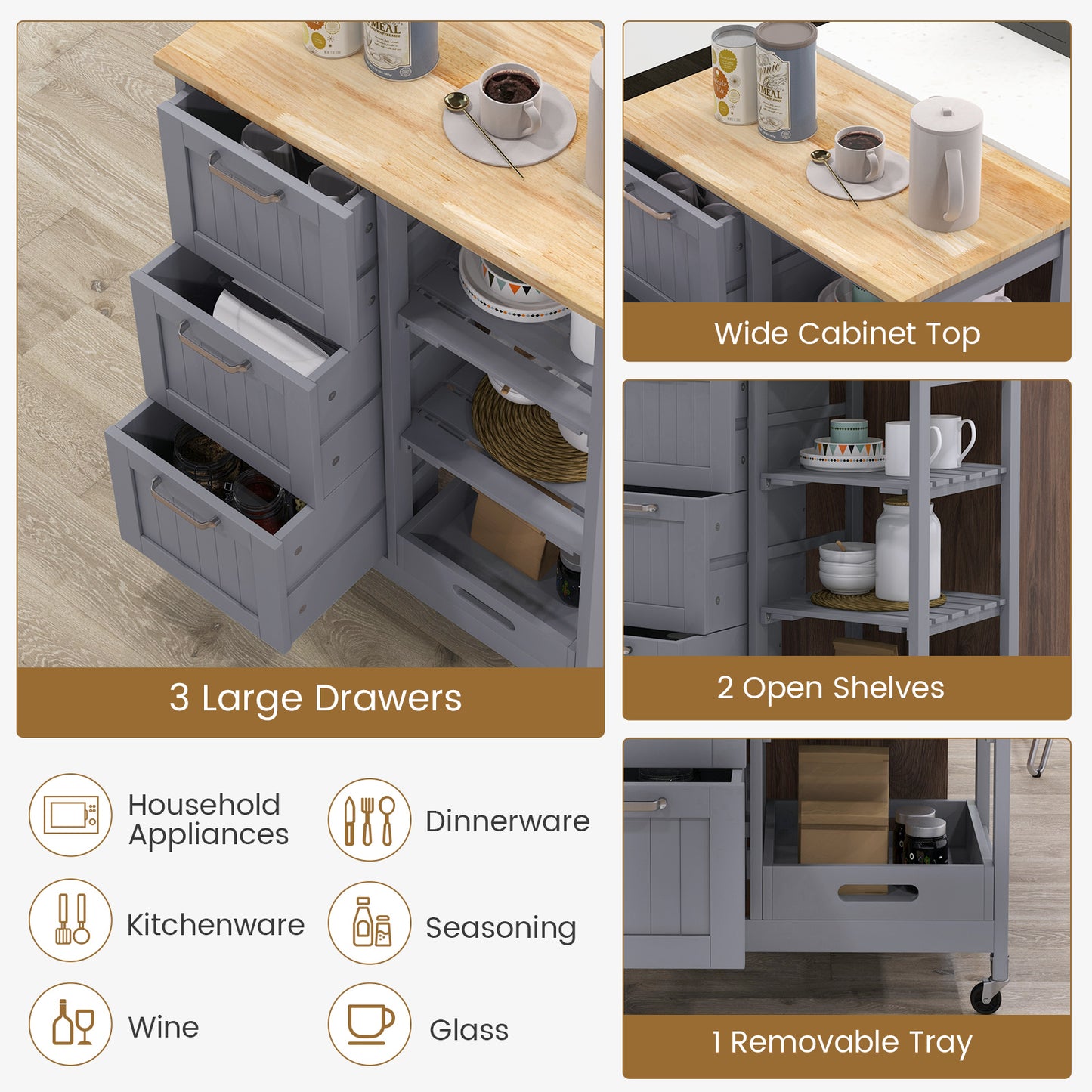 Kitchen Island Rolling Cart Utility Cart on Lockable Wheels with 3 Drawers-Gray