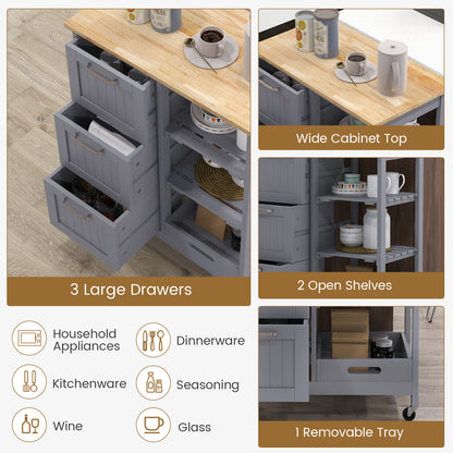 Kitchen Island Rolling Cart Utility Cart on Lockable Wheels with 3 Drawers-Gray