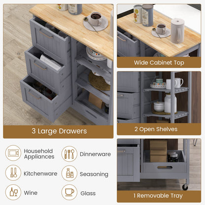 Kitchen Island Rolling Cart Utility Cart on Lockable Wheels with 3 Drawers-Gray