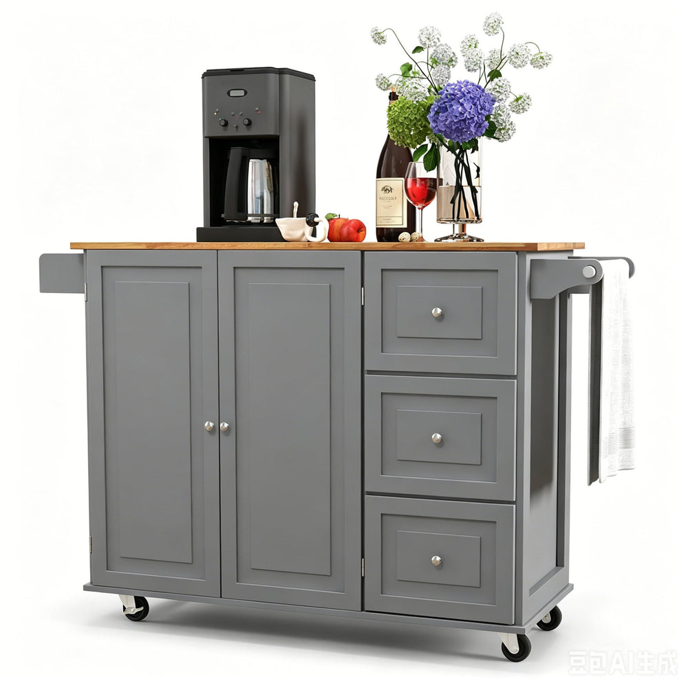 Kitchen Island Trolley with 3 Drawers and 2-door Cabinet-Gray