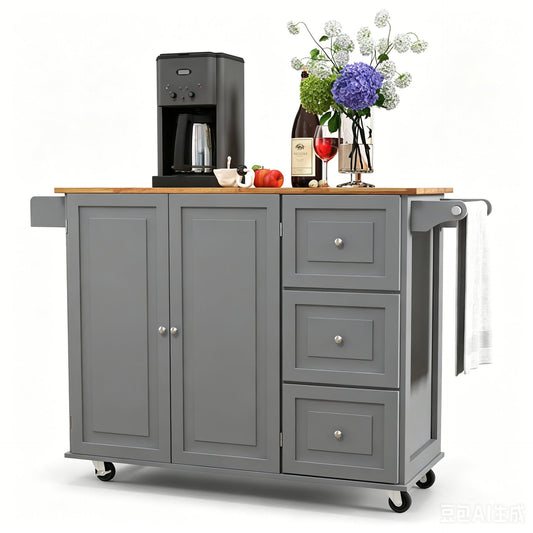 Kitchen Island Trolley with 3 Drawers and 2-door Cabinet-Gray