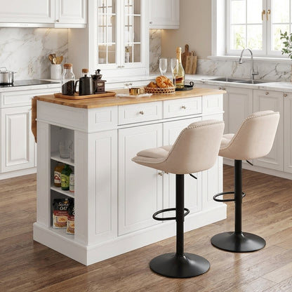 Kitchen Island with Drop-Leaf Countertop with 2 Modern Adjustable Chenille Upholstered Bar Stools Set