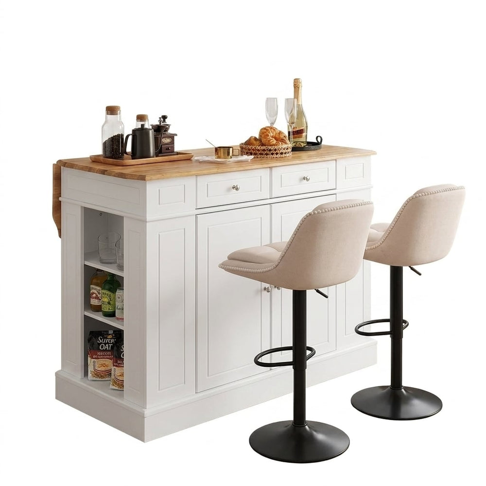 Kitchen Island with Drop-Leaf Countertop with 2 Modern Adjustable Chenille Upholstered Bar Stools Set