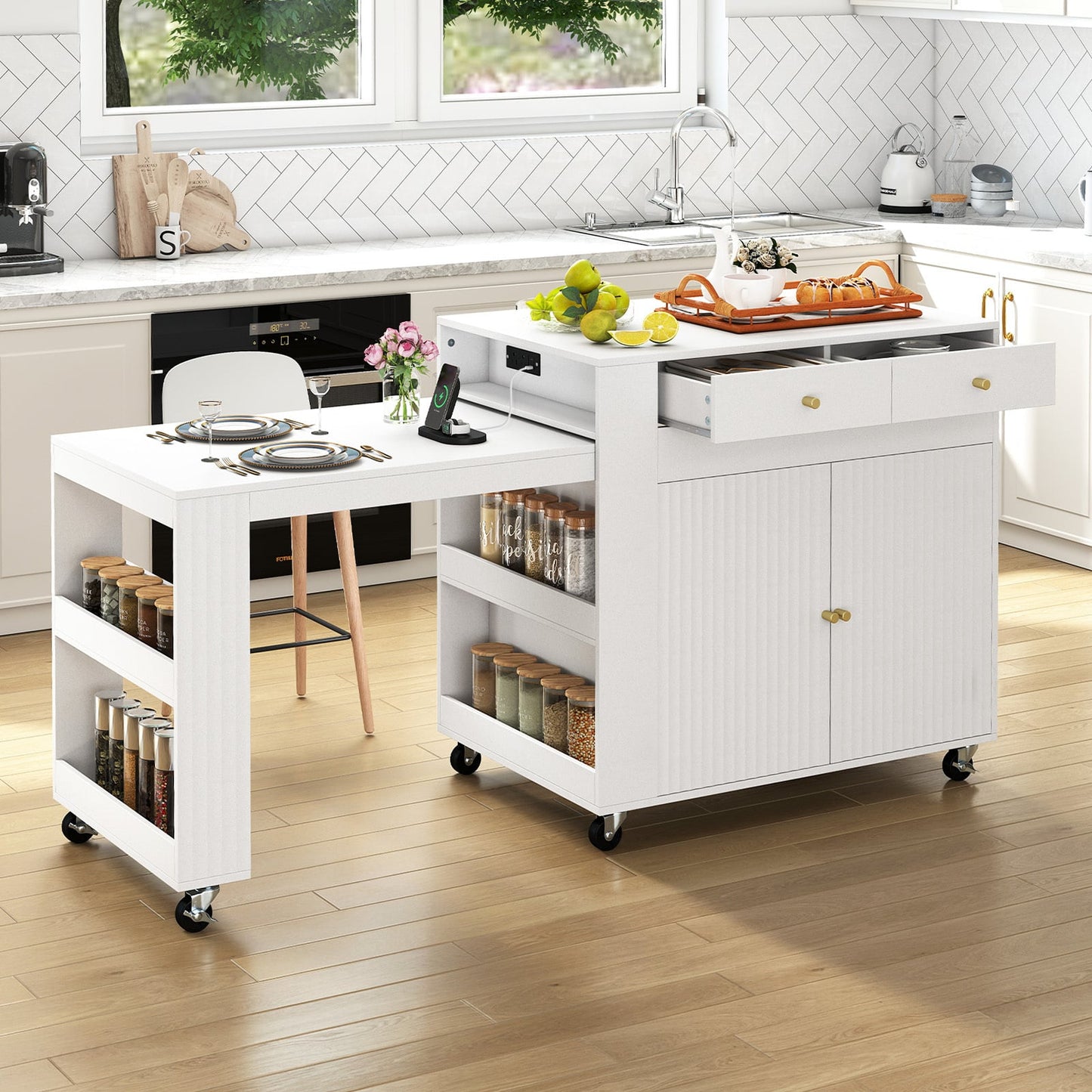 Kitchen Island with Extendable Dining Table and Power Outlet 2 Fluted Doors 2 Drawers-White