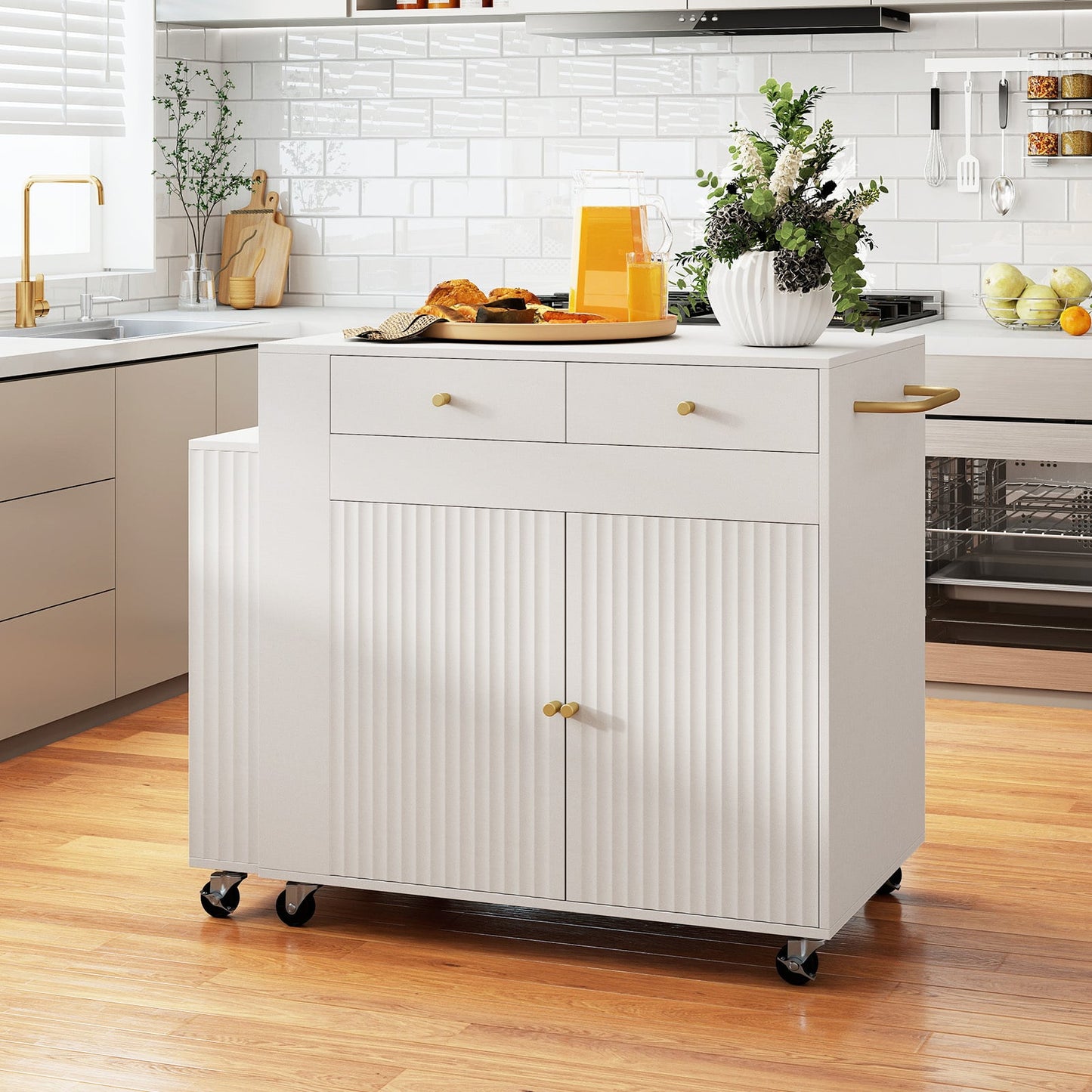 Kitchen Island with Extendable Dining Table and Power Outlet 2 Fluted Doors 2 Drawers-White