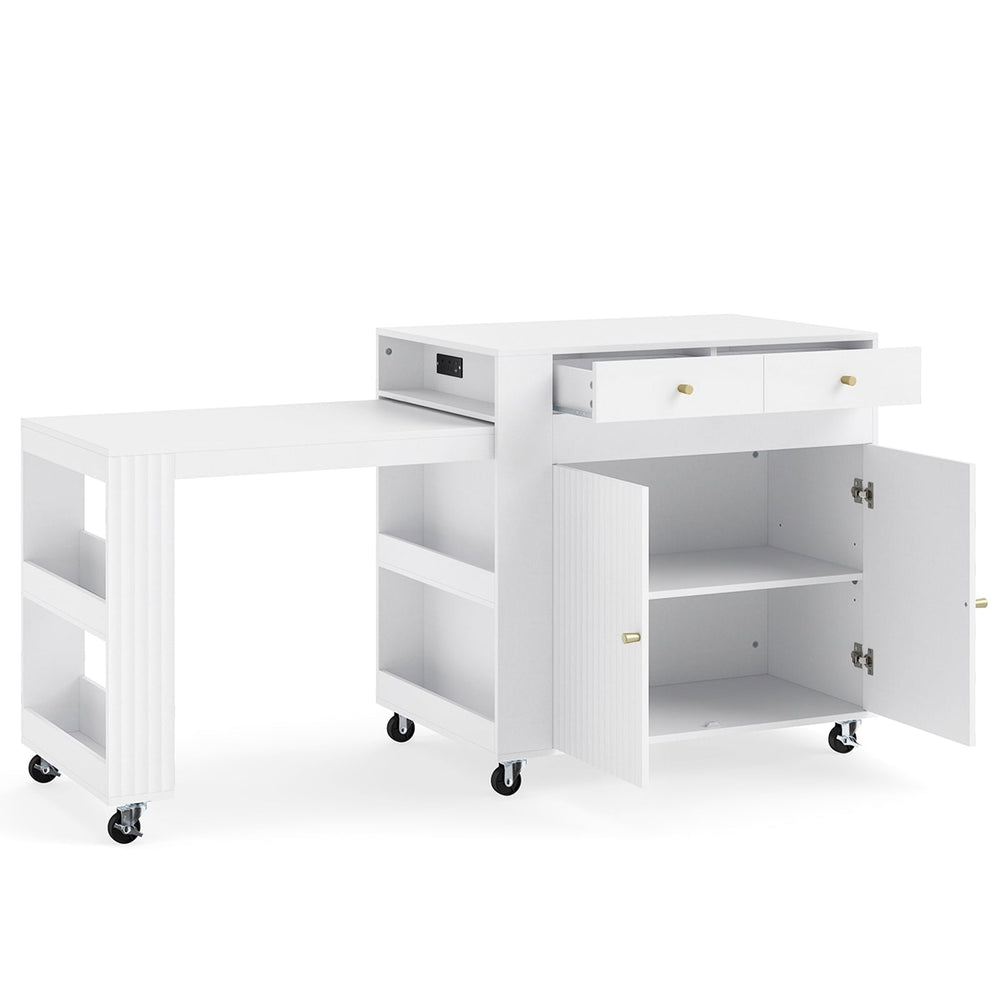 Kitchen Island with Extendable Dining Table and Power Outlet 2 Fluted Doors 2 Drawers-White