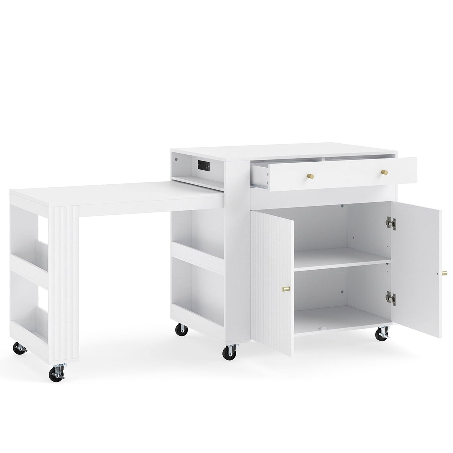 Kitchen Island with Extendable Dining Table and Power Outlet 2 Fluted Doors 2 Drawers-White