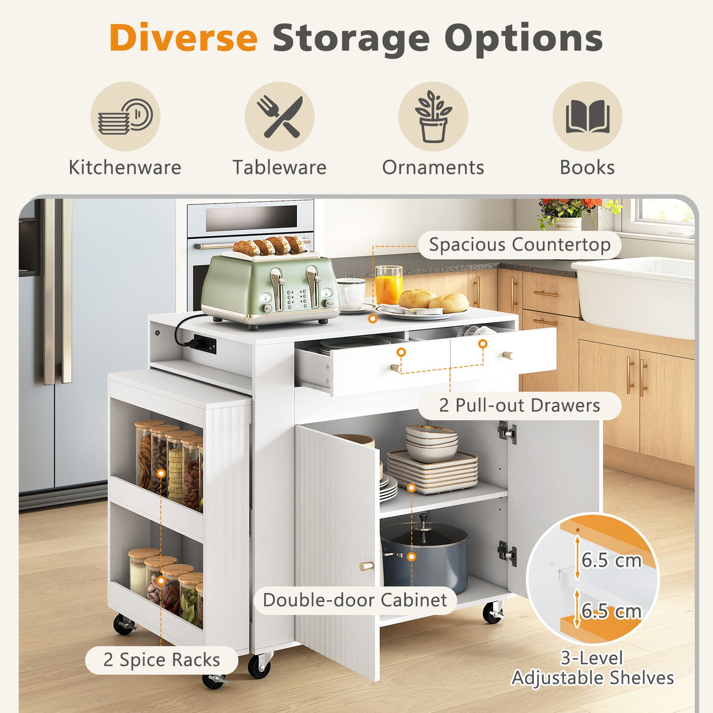 Kitchen Island with Extendable Dining Table and Power Outlet 2 Fluted Doors 2 Drawers-White