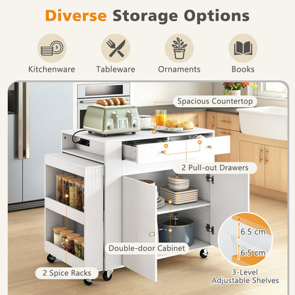 Kitchen Island with Extendable Dining Table and Power Outlet 2 Fluted Doors 2 Drawers-White