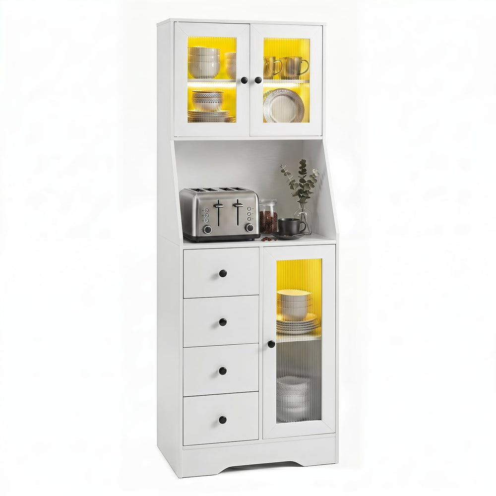 Kitchen Pantry Cabinet with Adjustable LED Lights and Doors-White