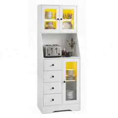 Kitchen Pantry Cabinet with Adjustable LED Lights and Doors-White