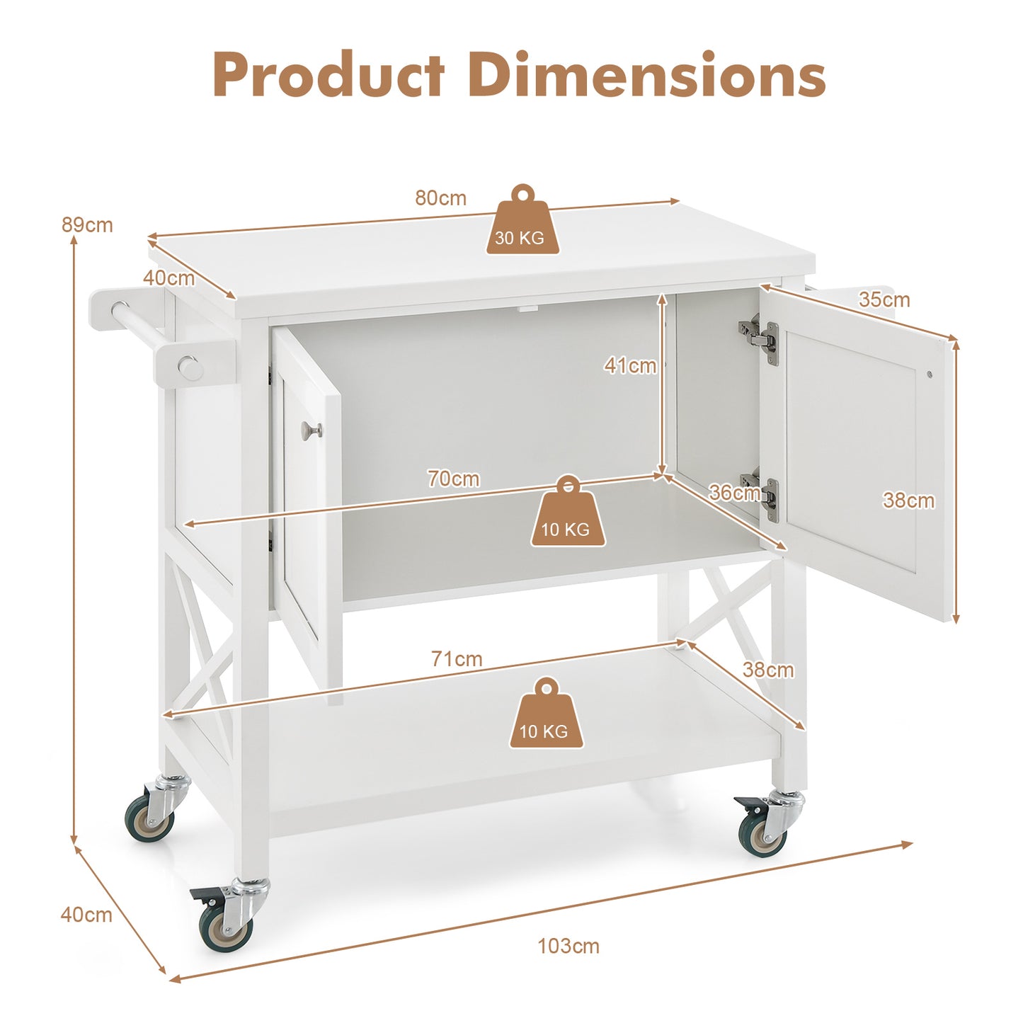 Kitchen Cart with Storage Cabinet with Towel Rack and Spice Rack-White