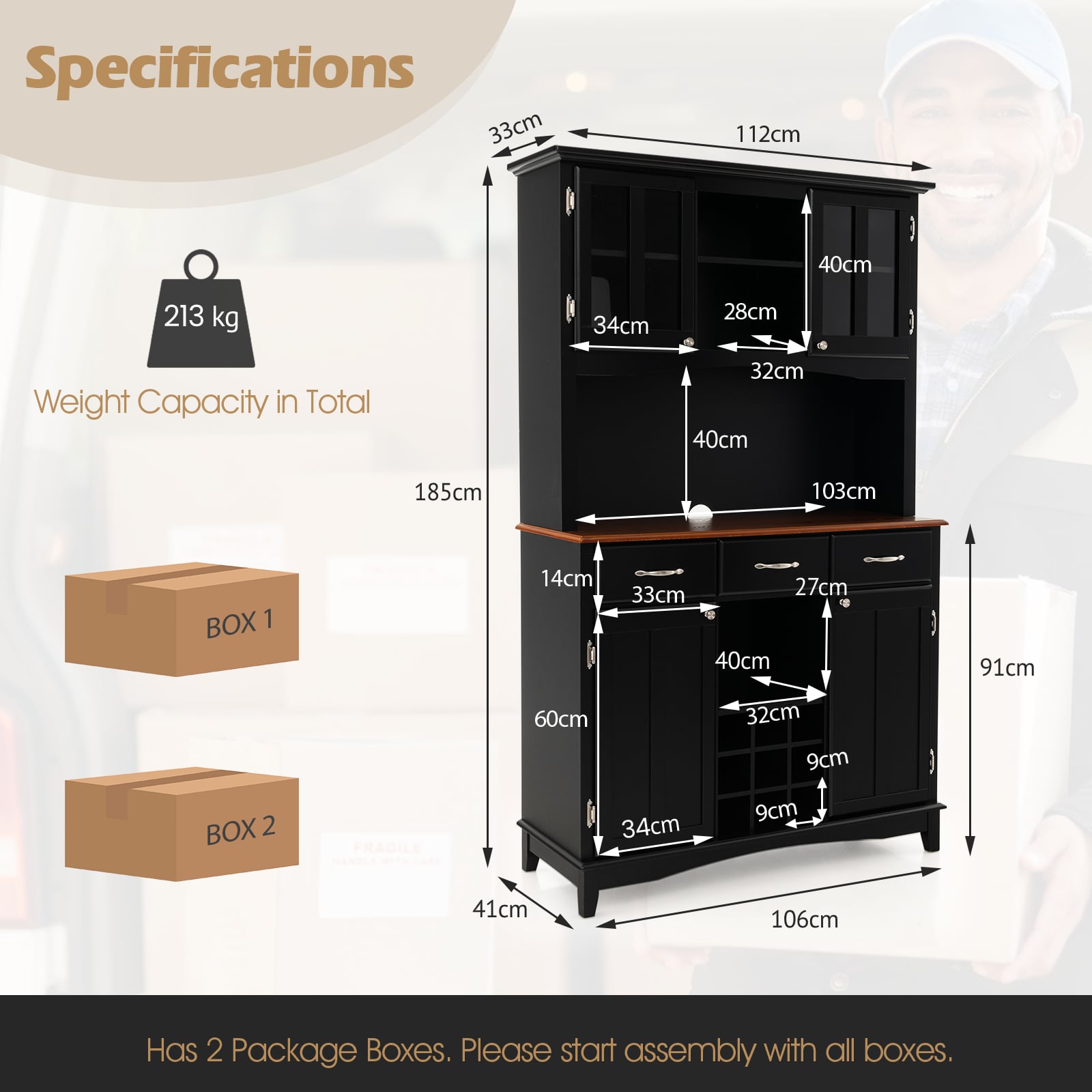 Kitchen Cupboard with Adjustable Shelves and Drawers-Black