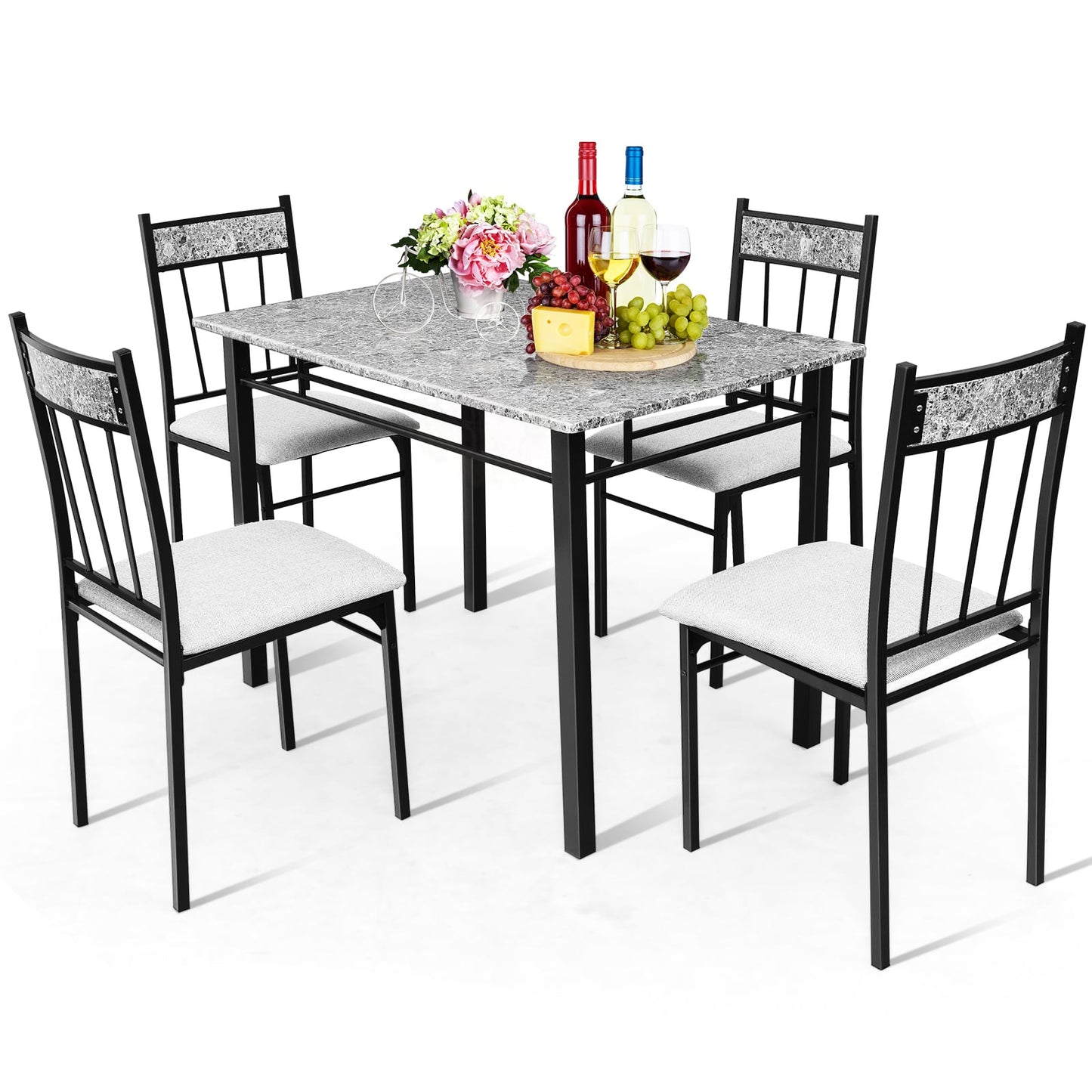 Marble 5-piece Kitchen Dining Set with Sponge Cushion and Metal Structure-Grey