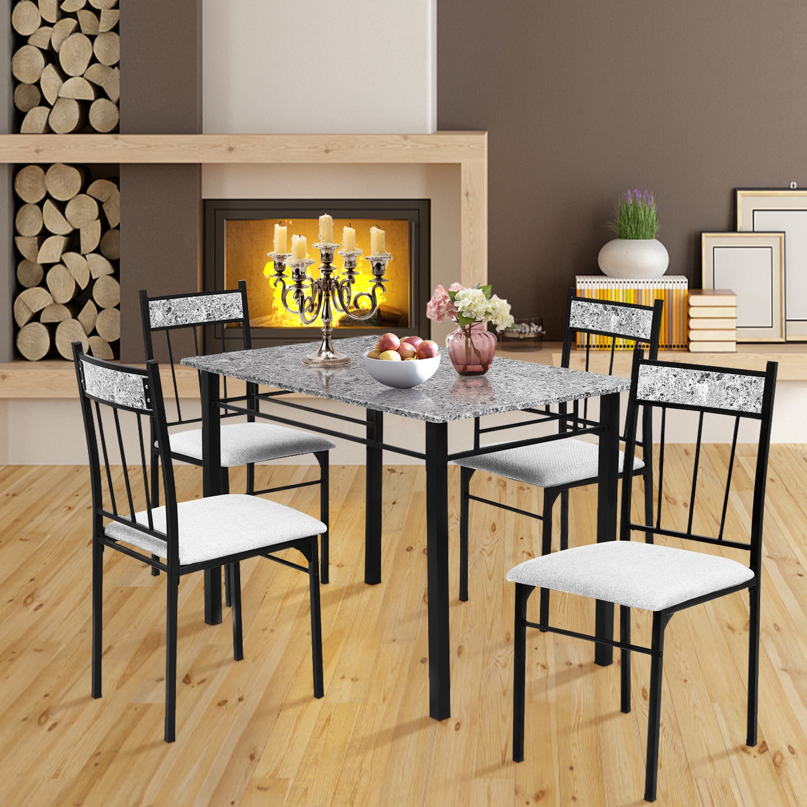 Marble 5-piece Kitchen Dining Set with Sponge Cushion and Metal Structure-Grey