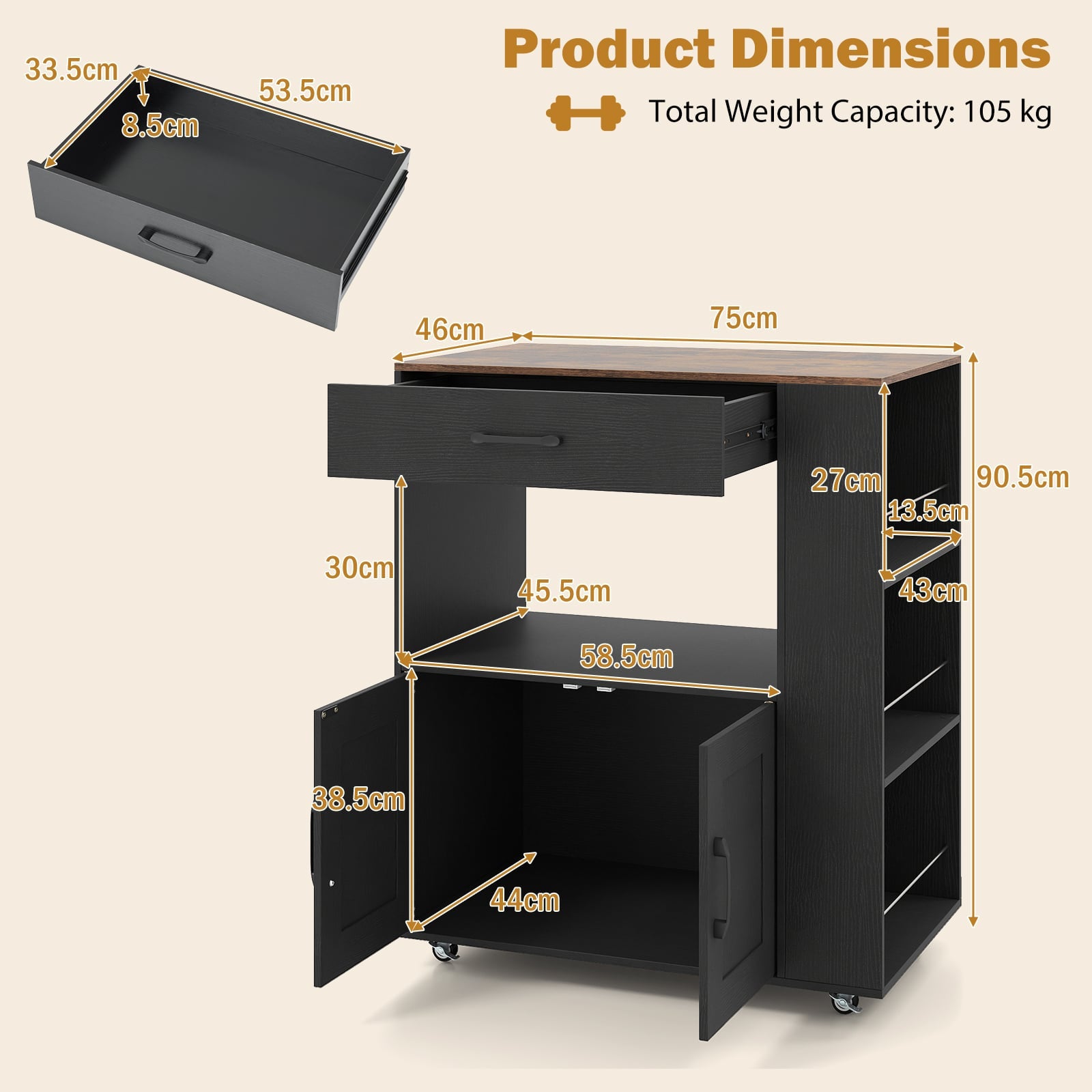 Kitchen Island Cart with Storage Rolling Kitchen Island on Wheels-Black