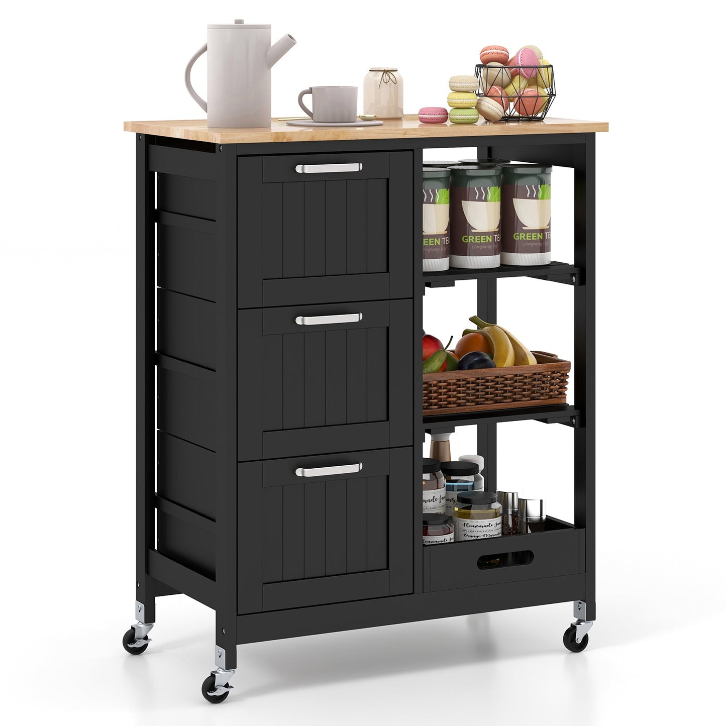 Kitchen Island Rolling Cart Utility Cart on Lockable Wheels with 3 Drawers-Black