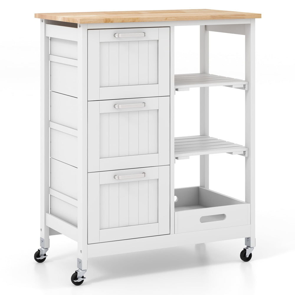 Kitchen Island Rolling Cart Utility Cart on Lockable Wheels with 3 Drawers-White