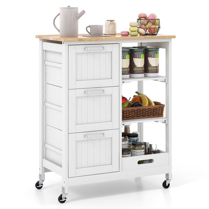 Kitchen Island Rolling Cart Utility Cart on Lockable Wheels with 3 Drawers-White