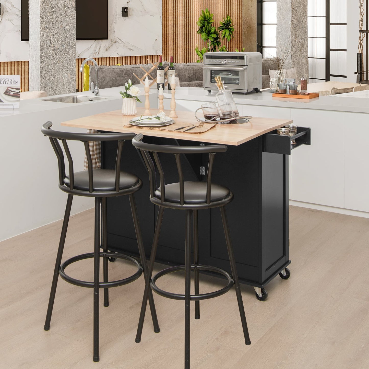 Kitchen Island Trolley with 3 Drawers and 2-door Cabinet-Brown