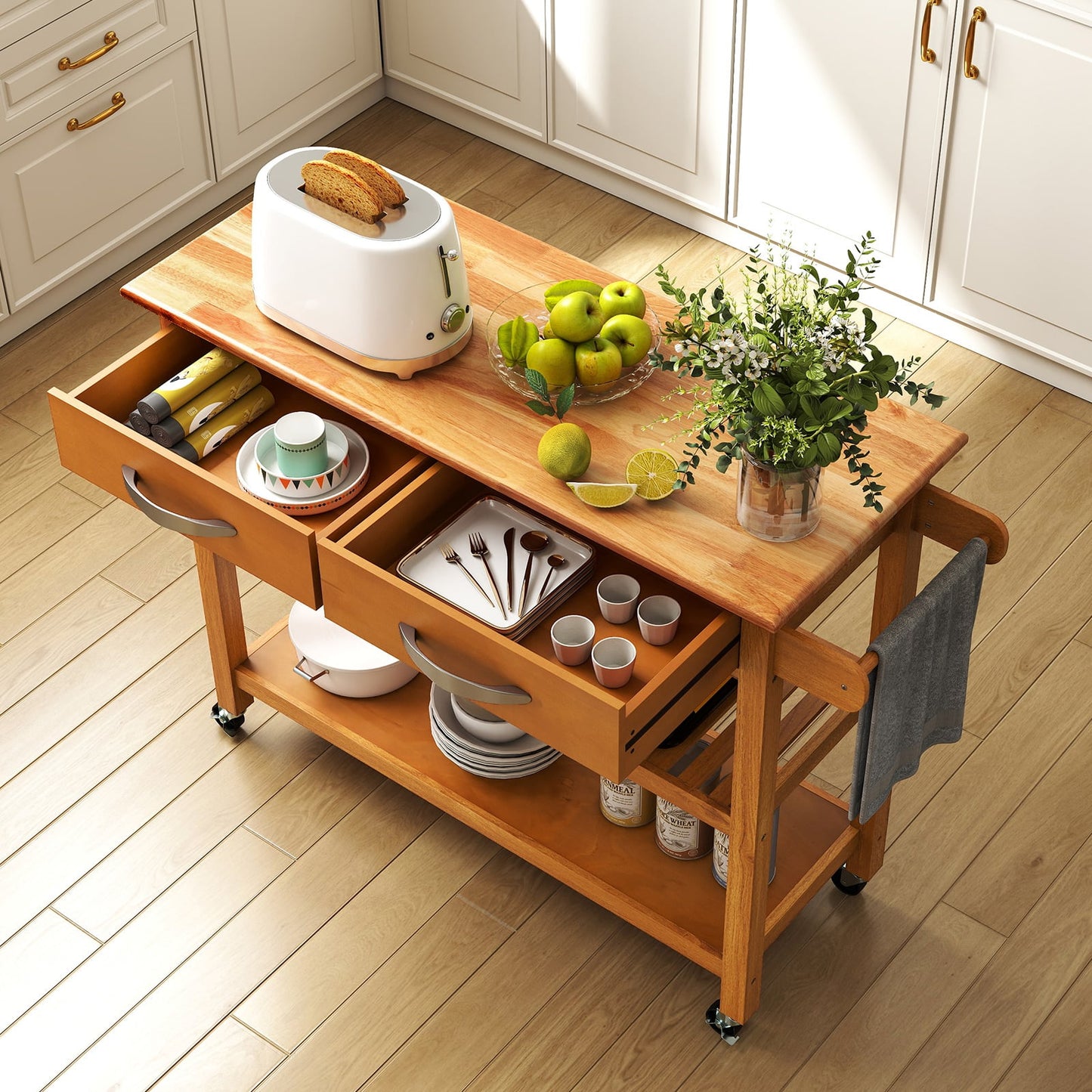 Kitchen Island with Storage 3-Tier Rolling Utility Cart with Wood Countertop-Natural