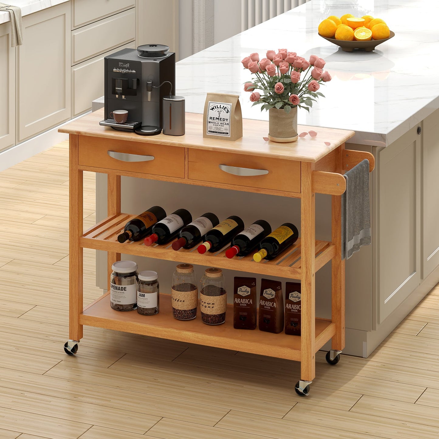 Kitchen Island with Storage 3-Tier Rolling Utility Cart with Wood Countertop-Natural