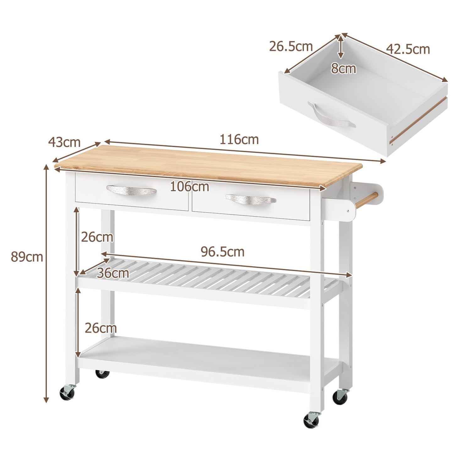 Kitchen Island with Storage 3-Tier Rolling Utility Cart with Wood Countertop-White