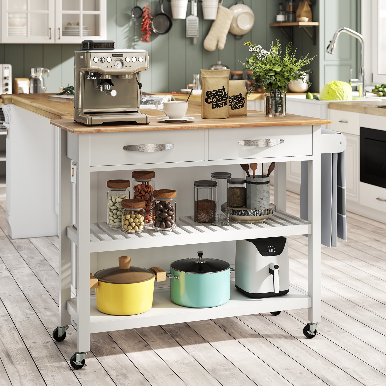 Kitchen Island with Storage 3-Tier Rolling Utility Cart with Wood Countertop-White