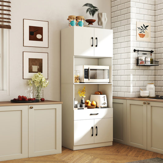 Kitchen Pantry Cabinet with Charging Station 168 cm Tall Cupboard with 4 Doors and 2 Adjustable Shelves-White
