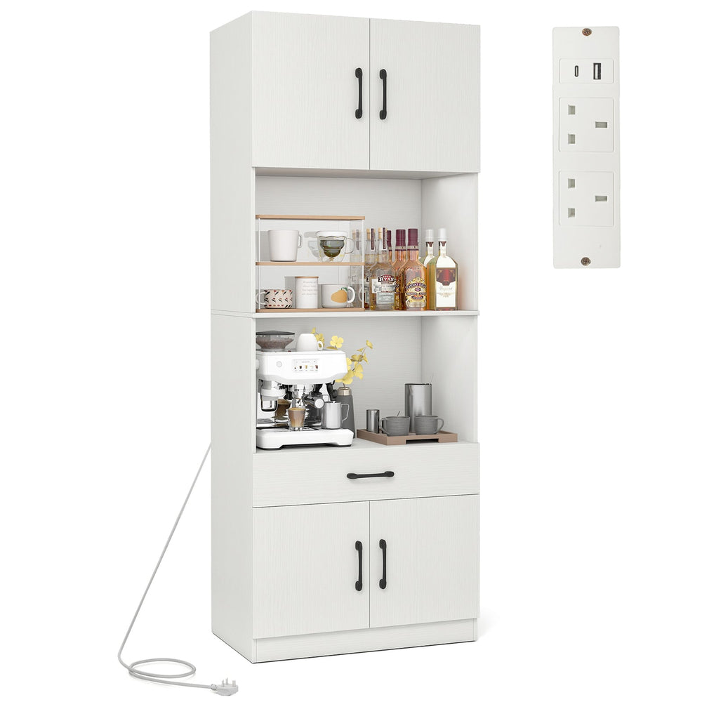 Kitchen Pantry Cabinet with Charging Station 168 cm Tall Cupboard with 4 Doors and 2 Adjustable Shelves-White