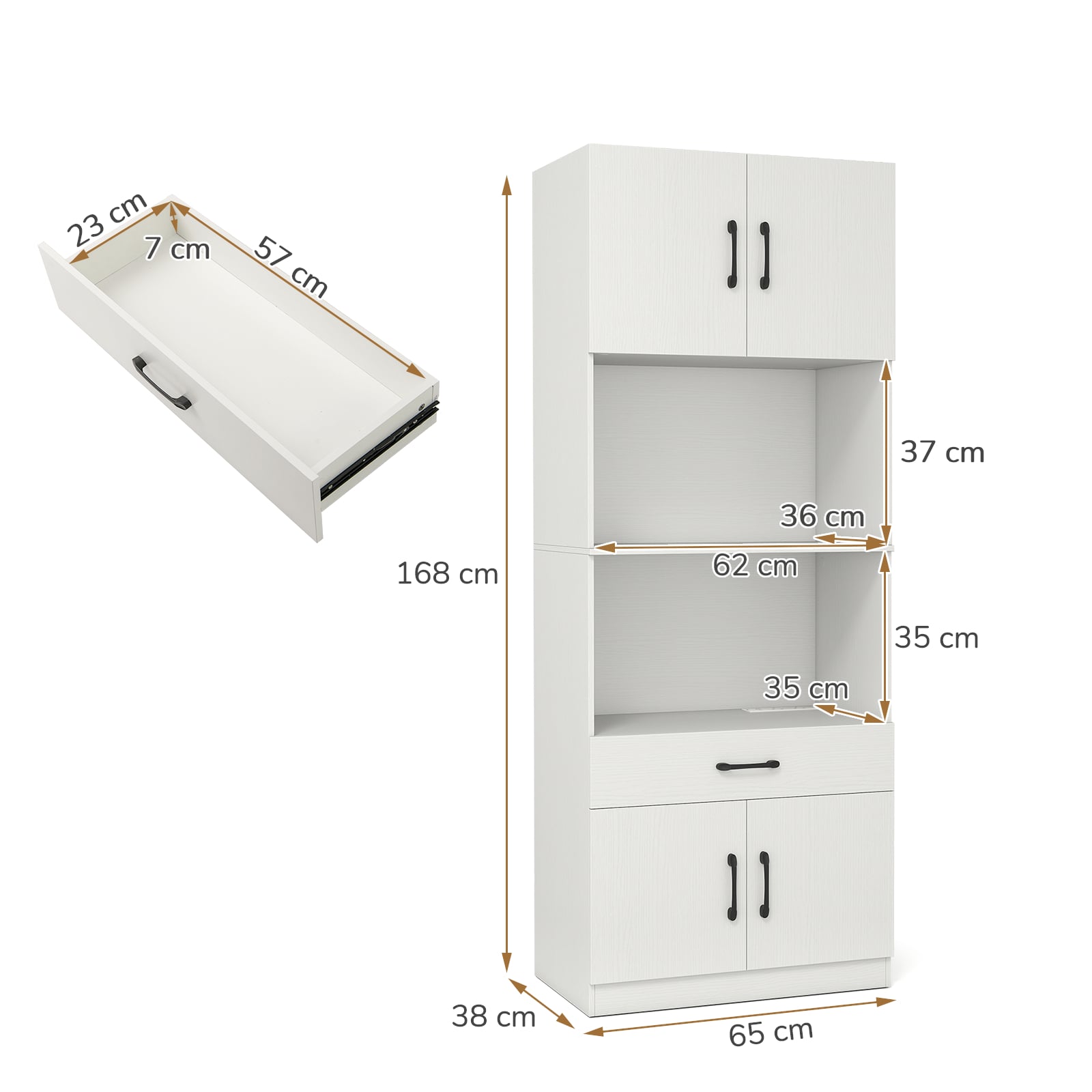 Kitchen Pantry Cabinet with Charging Station 168 cm Tall Cupboard with 4 Doors and 2 Adjustable Shelves-White