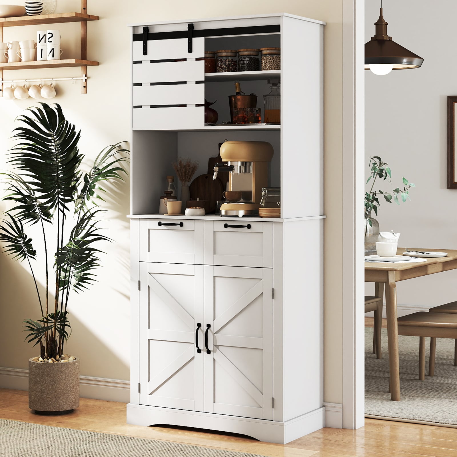 Kitchen Pantry Cabinet with Power Outlet Tall Coffee Bar Cabinet with Doors Drawers and Adjustable Shelf-White