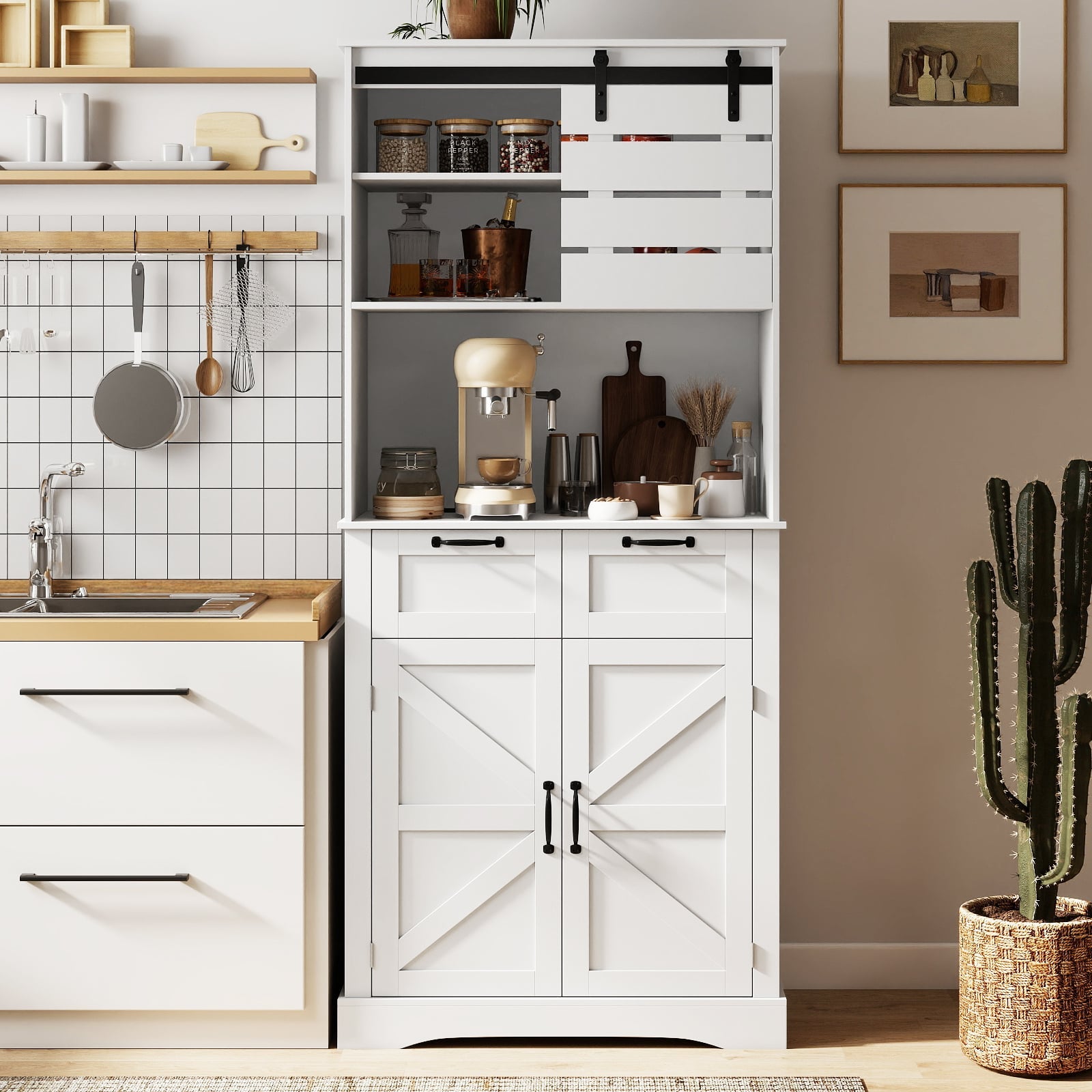 Kitchen Pantry Cabinet with Power Outlet Tall Coffee Bar Cabinet with Doors Drawers and Adjustable Shelf-White