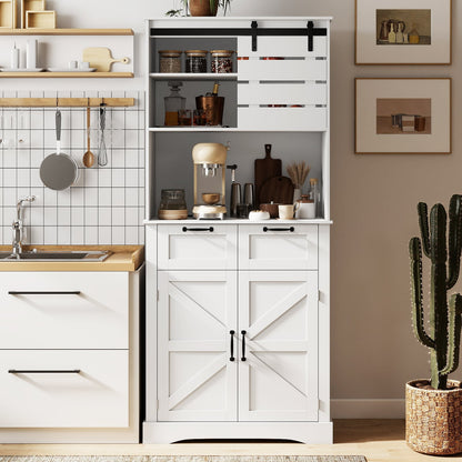 Kitchen Pantry Cabinet with Power Outlet Tall Coffee Bar Cabinet with Doors Drawers and Adjustable Shelf-White